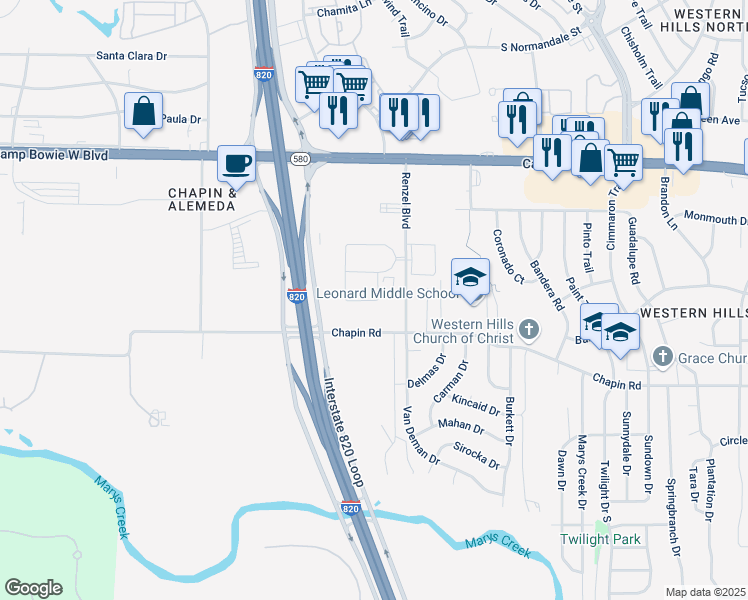 map of restaurants, bars, coffee shops, grocery stores, and more near 9100 Windswept Drive in Fort Worth