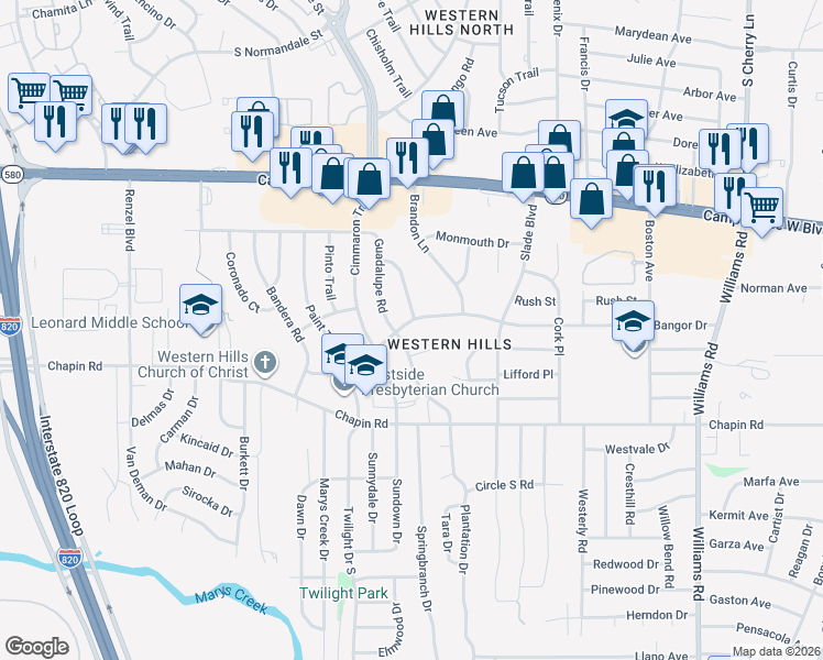 map of restaurants, bars, coffee shops, grocery stores, and more near 8425 Bangor Dr in Fort Worth