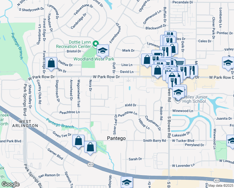 map of restaurants, bars, coffee shops, grocery stores, and more near 2917 Mistletoe Court in Pantego