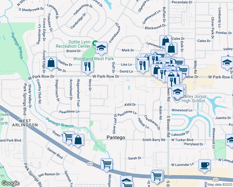 map of restaurants, bars, coffee shops, grocery stores, and more near 2917 Mistletoe Court in Pantego