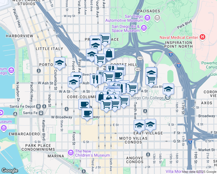 map of restaurants, bars, coffee shops, grocery stores, and more near in San Diego