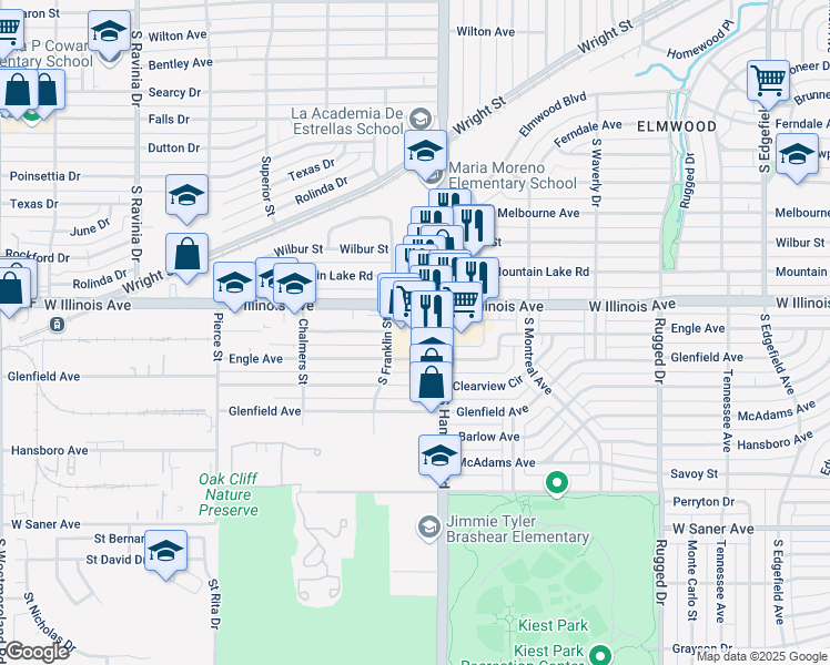 map of restaurants, bars, coffee shops, grocery stores, and more near 2631 South Hampton Road in Dallas