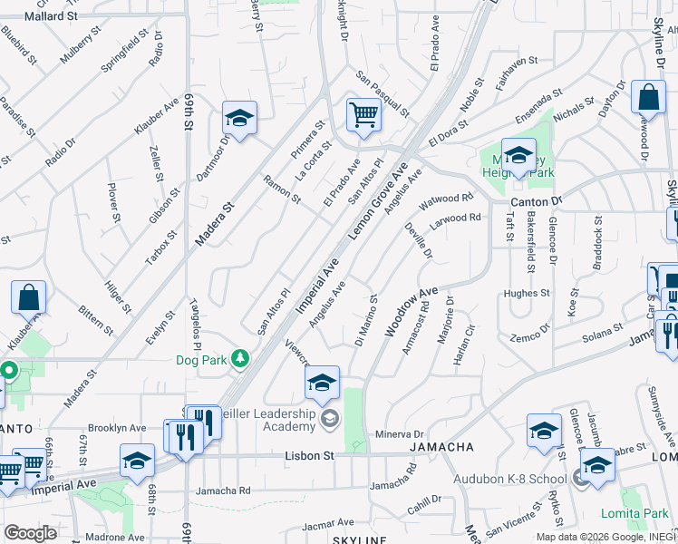 map of restaurants, bars, coffee shops, grocery stores, and more near 1102 Angelus Avenue in San Diego