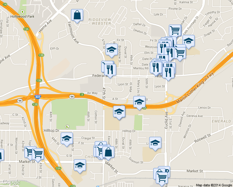 map of restaurants, bars, coffee shops, grocery stores, and more near 4821 Beech Street in San Diego