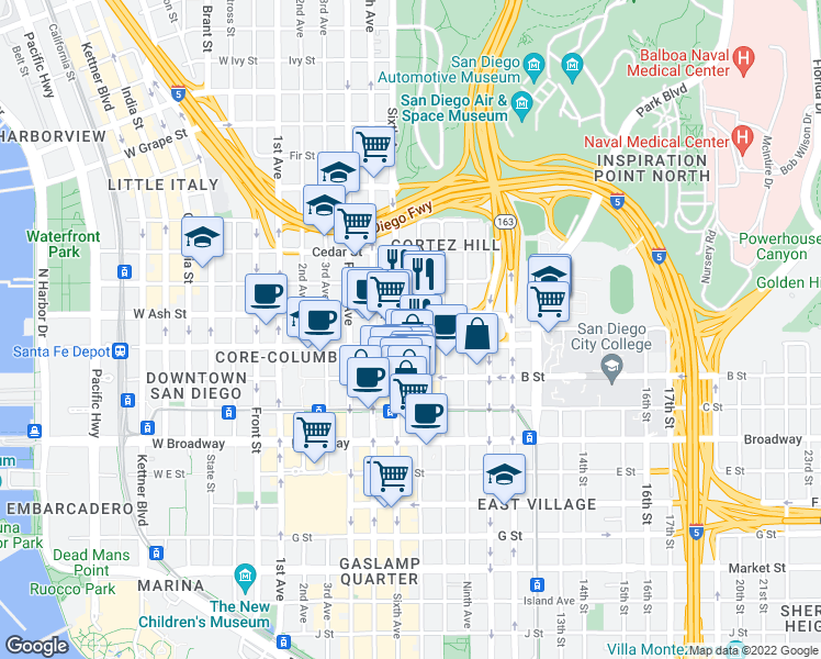 map of restaurants, bars, coffee shops, grocery stores, and more near 1359 Sixth Avenue in San Diego