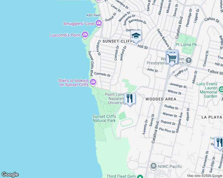 map of restaurants, bars, coffee shops, grocery stores, and more near 730 Amiford Drive in San Diego