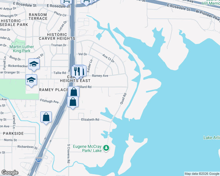 map of restaurants, bars, coffee shops, grocery stores, and more near 6353 Willard Road in Fort Worth