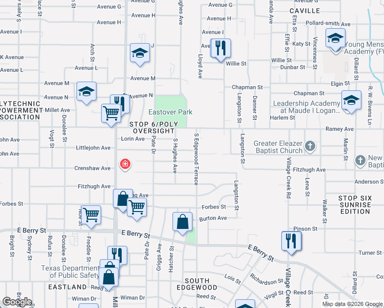 map of restaurants, bars, coffee shops, grocery stores, and more near 4416 Littlejohn Avenue in Fort Worth