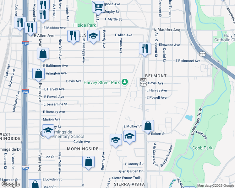 map of restaurants, bars, coffee shops, grocery stores, and more near 1337 East Powell Avenue in Fort Worth