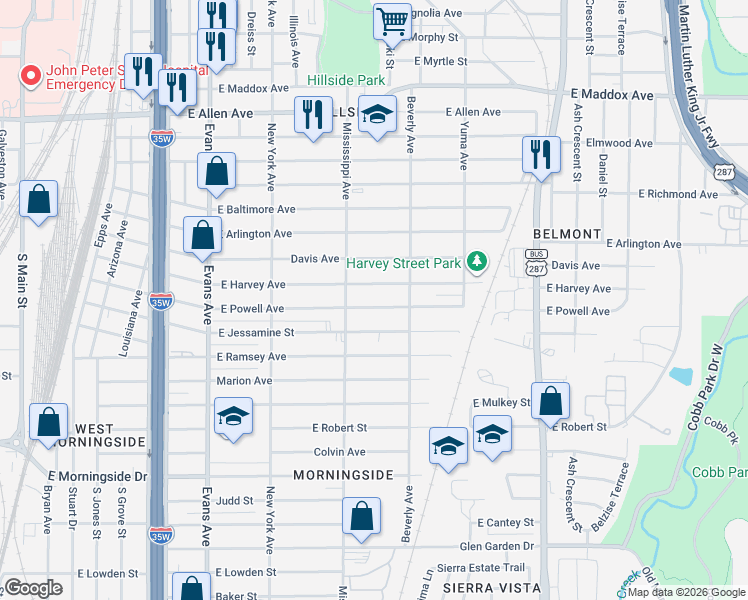 map of restaurants, bars, coffee shops, grocery stores, and more near 1233 East Powell Avenue in Fort Worth
