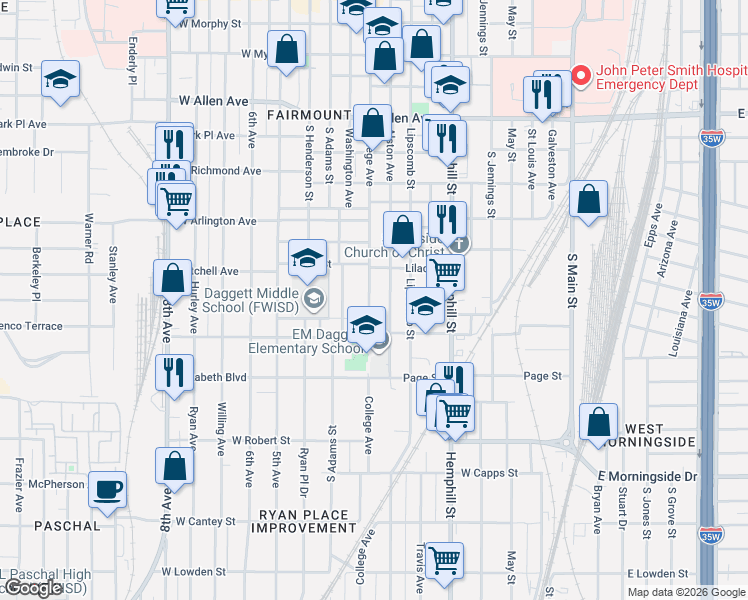 map of restaurants, bars, coffee shops, grocery stores, and more near 2229 College Avenue in Fort Worth