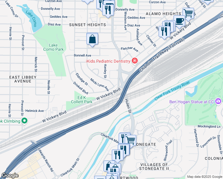 map of restaurants, bars, coffee shops, grocery stores, and more near 4617 Driskell Boulevard in Fort Worth