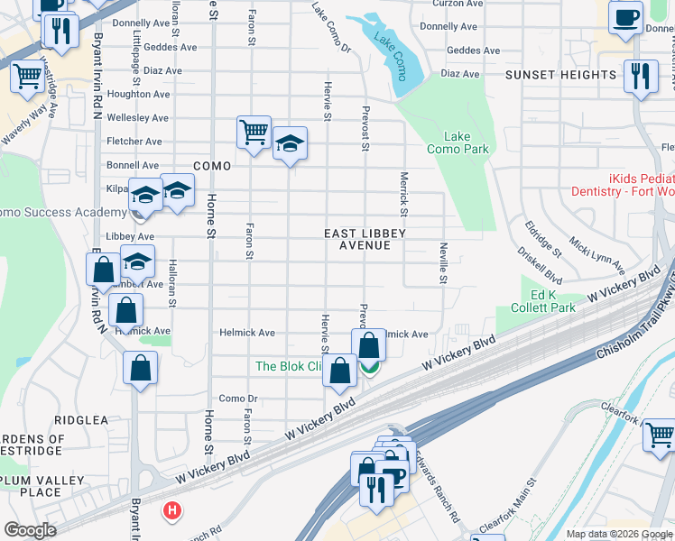 map of restaurants, bars, coffee shops, grocery stores, and more near 5337 Blackmore Avenue in Fort Worth