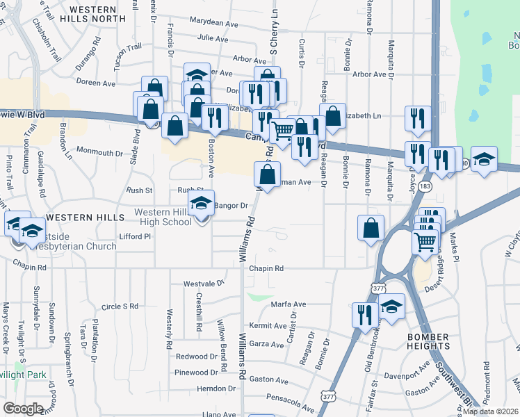 map of restaurants, bars, coffee shops, grocery stores, and more near 3536 Williams Road in Benbrook