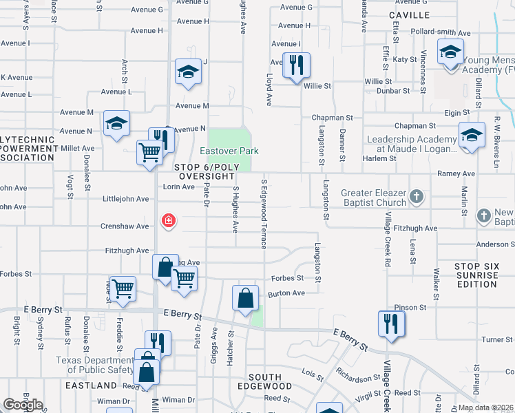 map of restaurants, bars, coffee shops, grocery stores, and more near 4416 Littlejohn Avenue in Fort Worth
