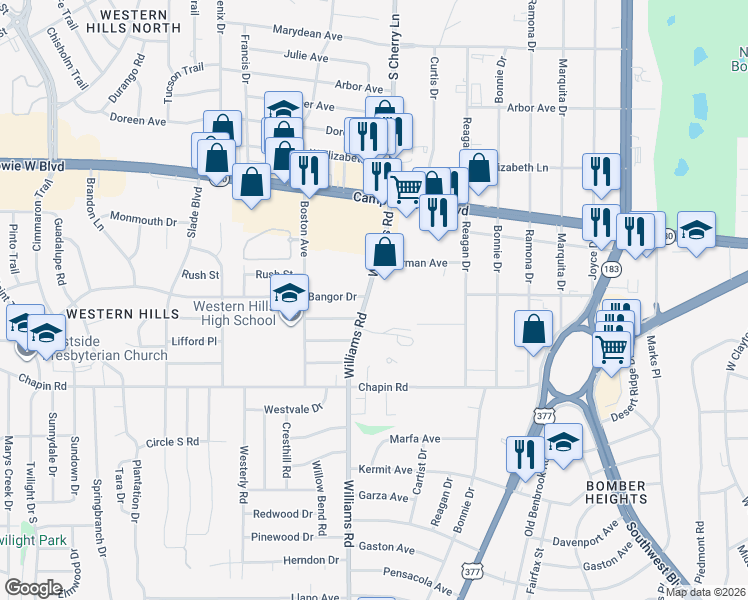 map of restaurants, bars, coffee shops, grocery stores, and more near 3536 Williams Road in Benbrook