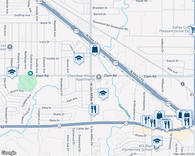 map of restaurants, bars, coffee shops, grocery stores, and more near 7200 Elam Road in Dallas