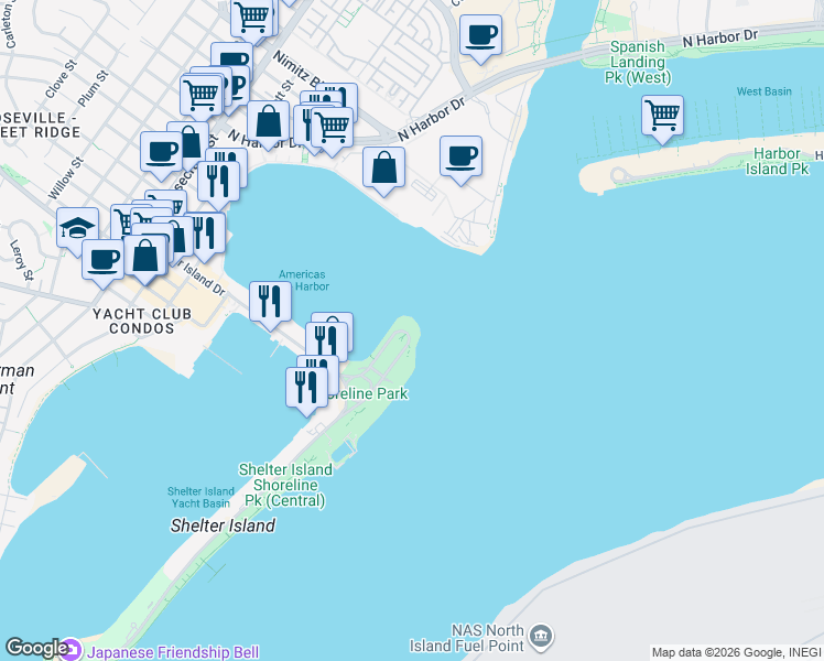 map of restaurants, bars, coffee shops, grocery stores, and more near 2230 Shelter Island Drive in San Diego