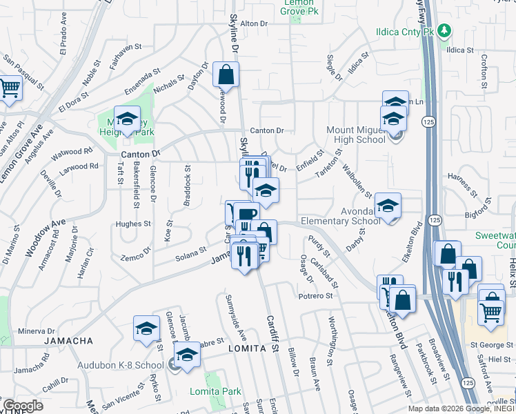 map of restaurants, bars, coffee shops, grocery stores, and more near 1405 Skyline Drive in Lemon Grove