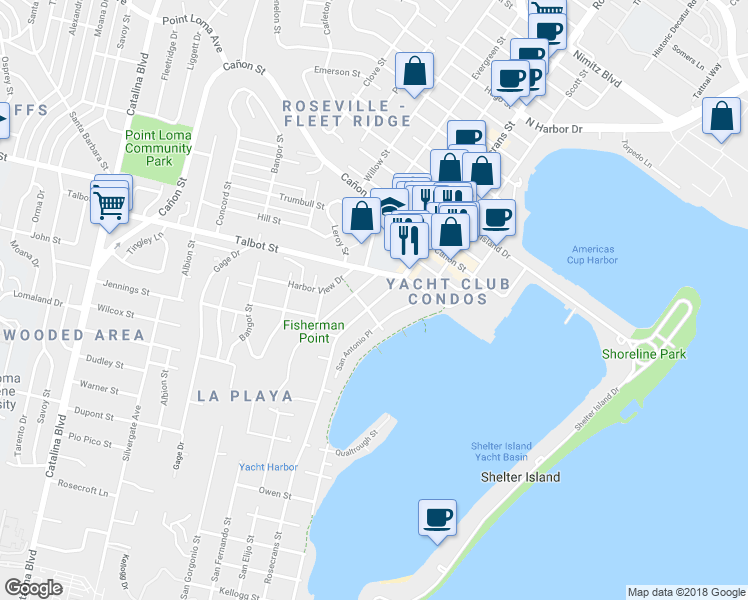 map of restaurants, bars, coffee shops, grocery stores, and more near 926 Rosecrans Street in San Diego