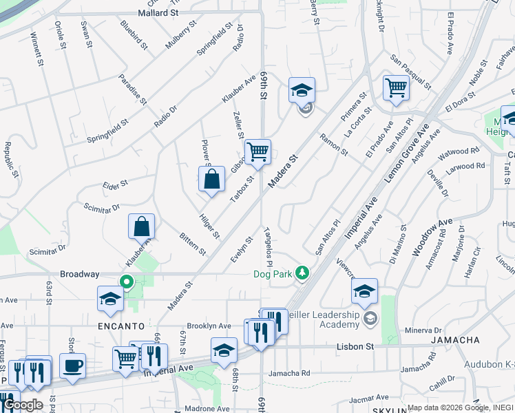 map of restaurants, bars, coffee shops, grocery stores, and more near 1347 Madera Street in San Diego