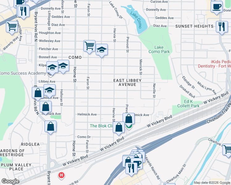 map of restaurants, bars, coffee shops, grocery stores, and more near 5337 Blackmore Avenue in Fort Worth