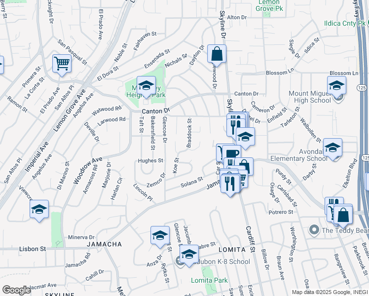 map of restaurants, bars, coffee shops, grocery stores, and more near 1250 Braddock Street in San Diego