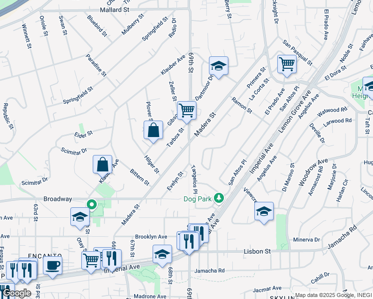 map of restaurants, bars, coffee shops, grocery stores, and more near 1347 Madera Street in San Diego