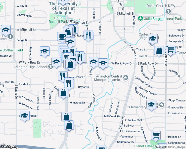 map of restaurants, bars, coffee shops, grocery stores, and more near 1601 South Oak Street in Arlington