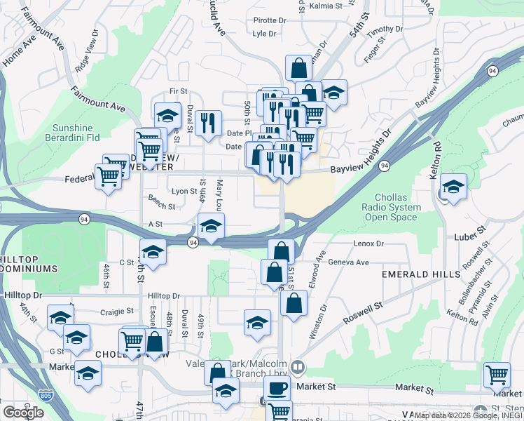 map of restaurants, bars, coffee shops, grocery stores, and more near 1370 Euclid Avenue in San Diego