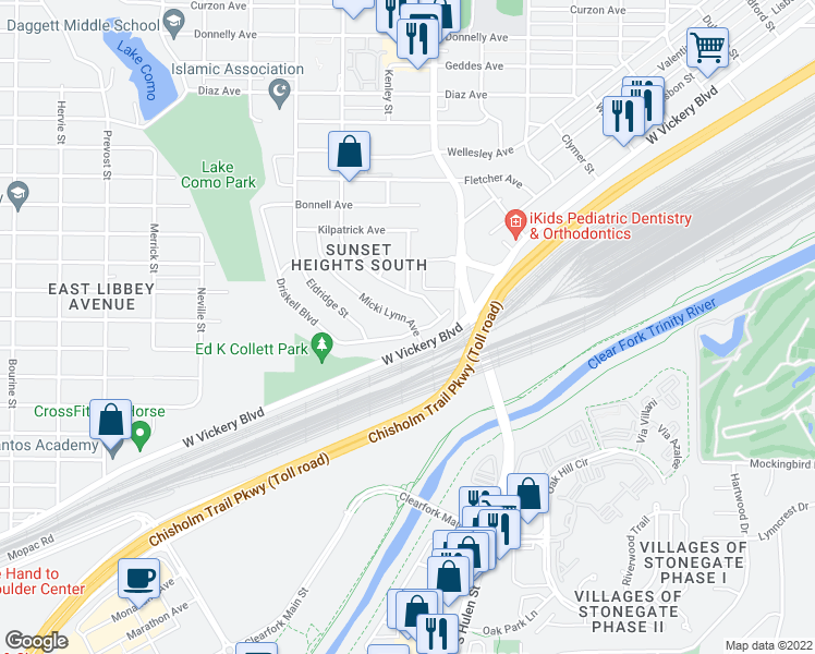map of restaurants, bars, coffee shops, grocery stores, and more near 4124 Micki Lynn Avenue in Fort Worth