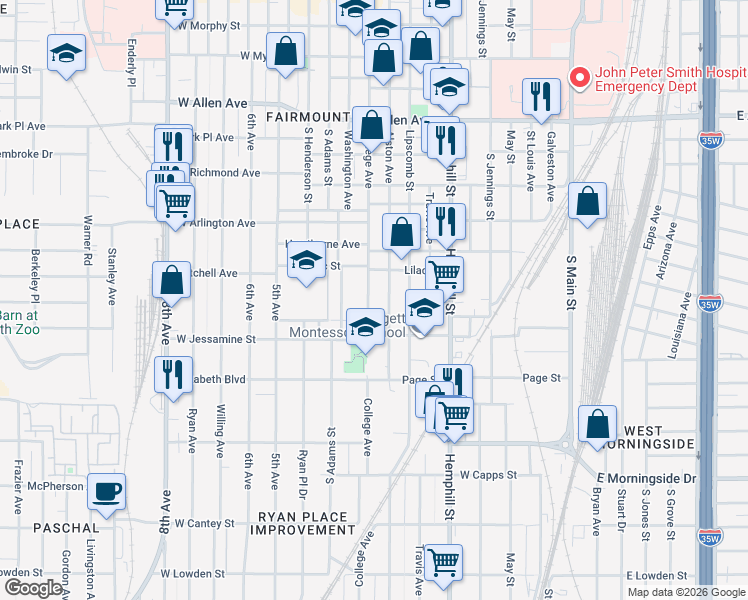 map of restaurants, bars, coffee shops, grocery stores, and more near 2229 College Ave in Fort Worth