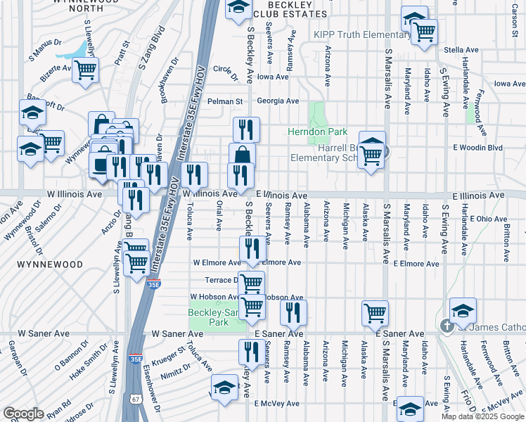 map of restaurants, bars, coffee shops, grocery stores, and more near 2327 Seevers Avenue in Dallas