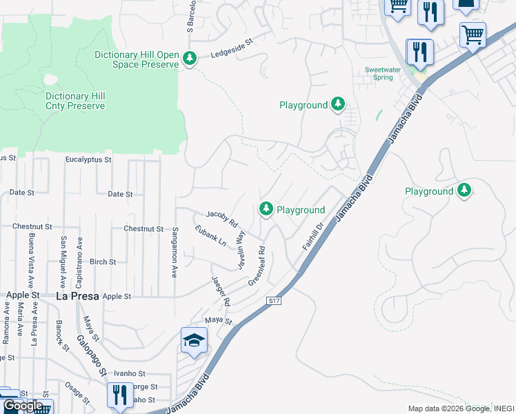 map of restaurants, bars, coffee shops, grocery stores, and more near 1678 Whitestone Road in Spring Valley