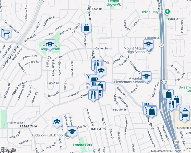 map of restaurants, bars, coffee shops, grocery stores, and more near 1405 Skyline Drive in Lemon Grove