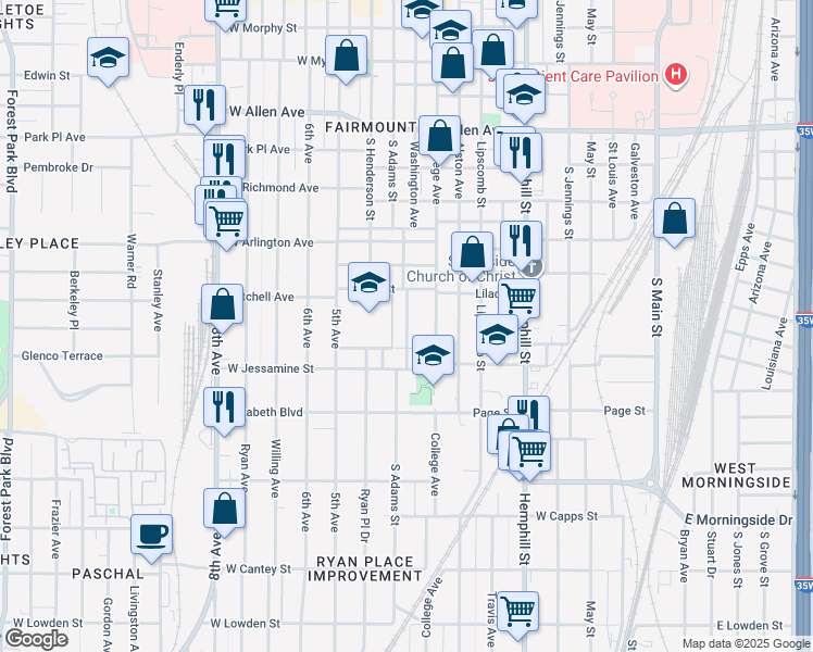 map of restaurants, bars, coffee shops, grocery stores, and more near 2232 Washington Avenue in Fort Worth