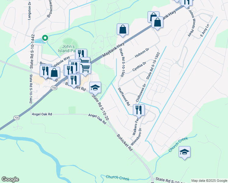 map of restaurants, bars, coffee shops, grocery stores, and more near 1905 Ghana Street in Johns Island