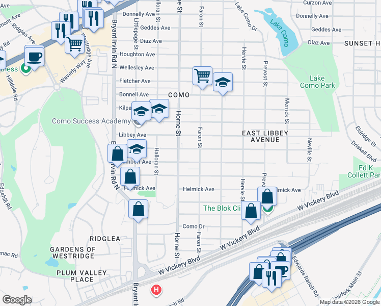 map of restaurants, bars, coffee shops, grocery stores, and more near 5615 Blackmore Avenue in Fort Worth