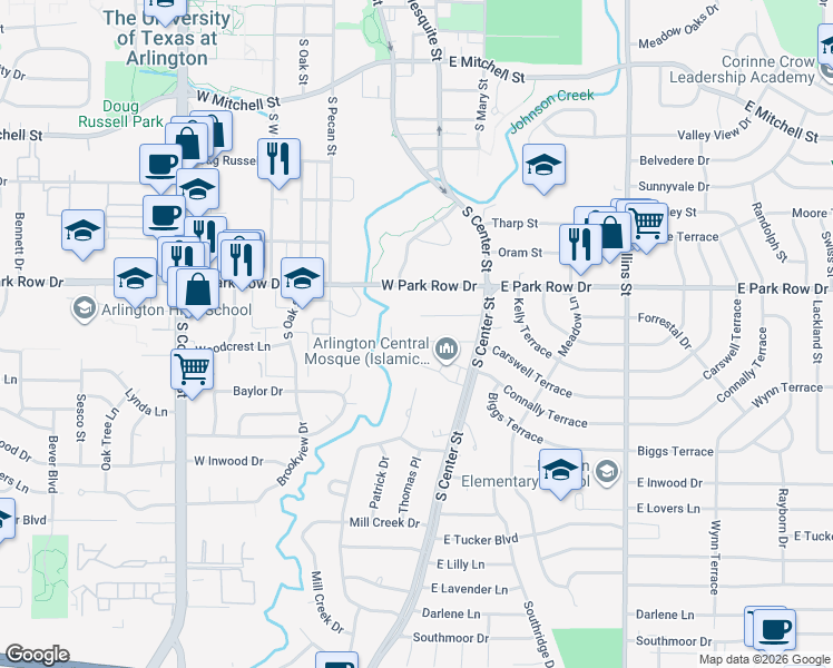 map of restaurants, bars, coffee shops, grocery stores, and more near 129 Kings Row Street in Arlington