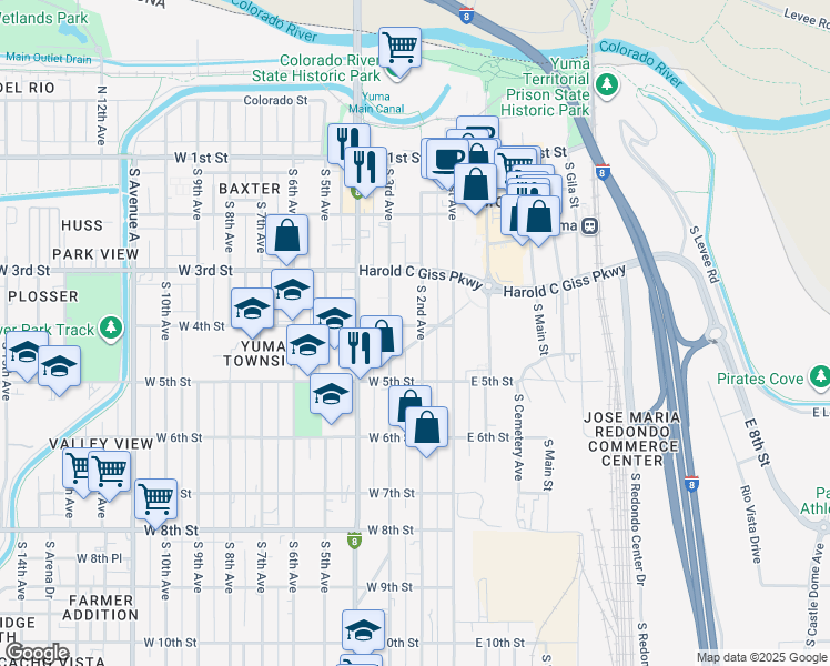 map of restaurants, bars, coffee shops, grocery stores, and more near 408 South 2nd Avenue in Yuma