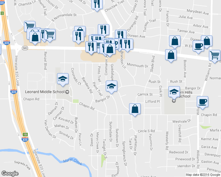 map of restaurants, bars, coffee shops, grocery stores, and more near 3533 Cimmaron Trail in Fort Worth