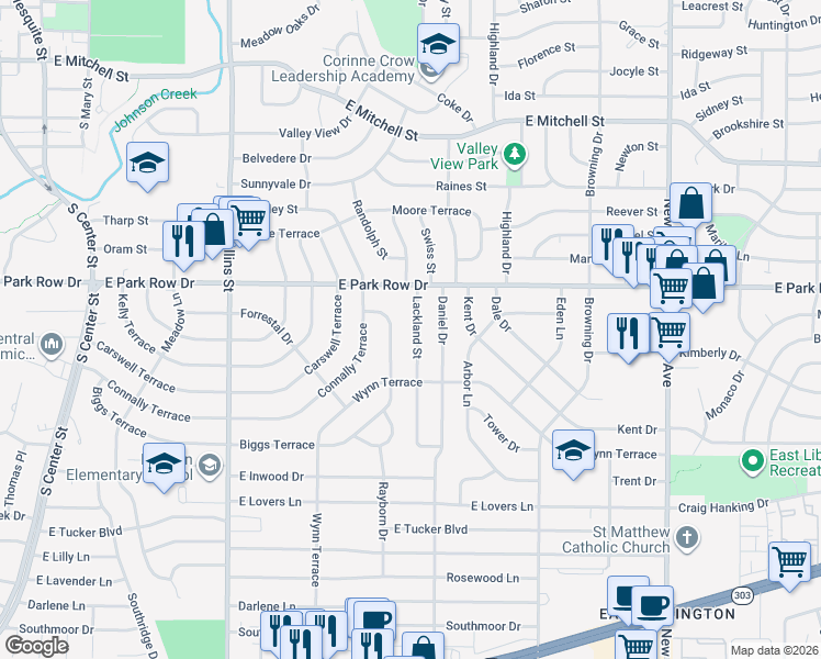 map of restaurants, bars, coffee shops, grocery stores, and more near 1514 Lackland Street in Arlington
