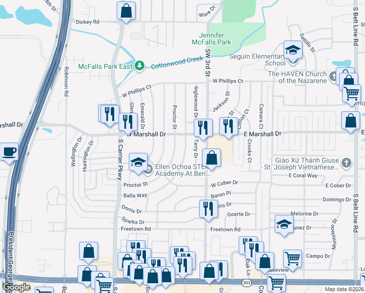 map of restaurants, bars, coffee shops, grocery stores, and more near 1818 Balla Way in Grand Prairie
