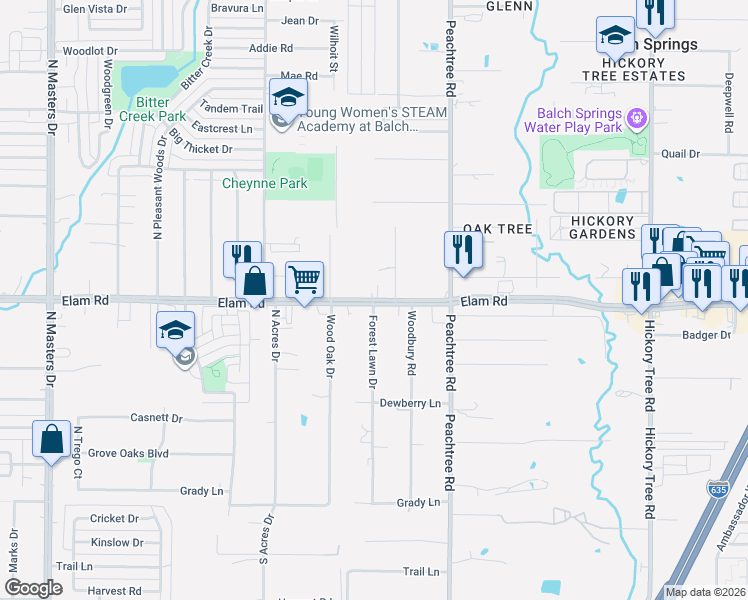map of restaurants, bars, coffee shops, grocery stores, and more near 11201 Elam Road in Balch Springs