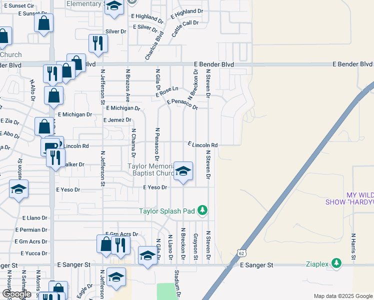 map of restaurants, bars, coffee shops, grocery stores, and more near 1726 North Breckon Drive in Hobbs