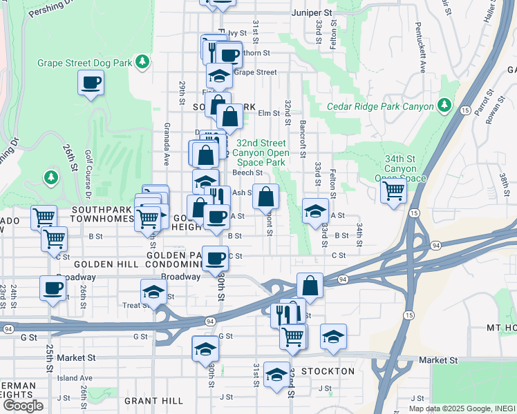 map of restaurants, bars, coffee shops, grocery stores, and more near 1319 31st Street in San Diego