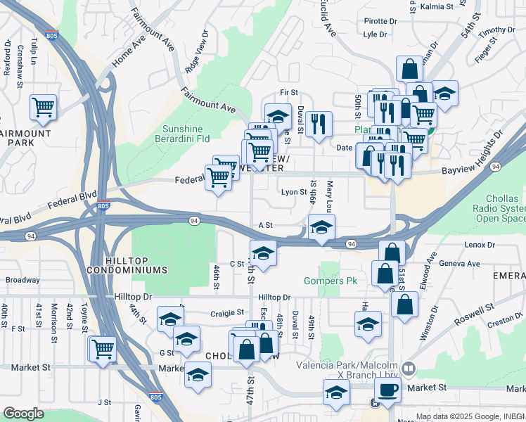 map of restaurants, bars, coffee shops, grocery stores, and more near 4749 Beech Street in San Diego