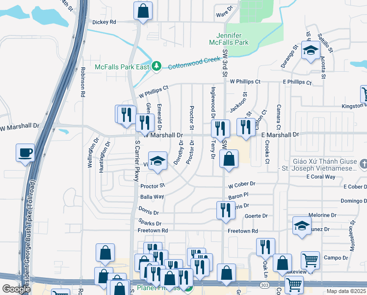 map of restaurants, bars, coffee shops, grocery stores, and more near 1817 Dorothy Drive in Grand Prairie