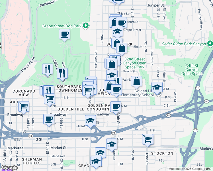 map of restaurants, bars, coffee shops, grocery stores, and more near 1319 29th Street in San Diego