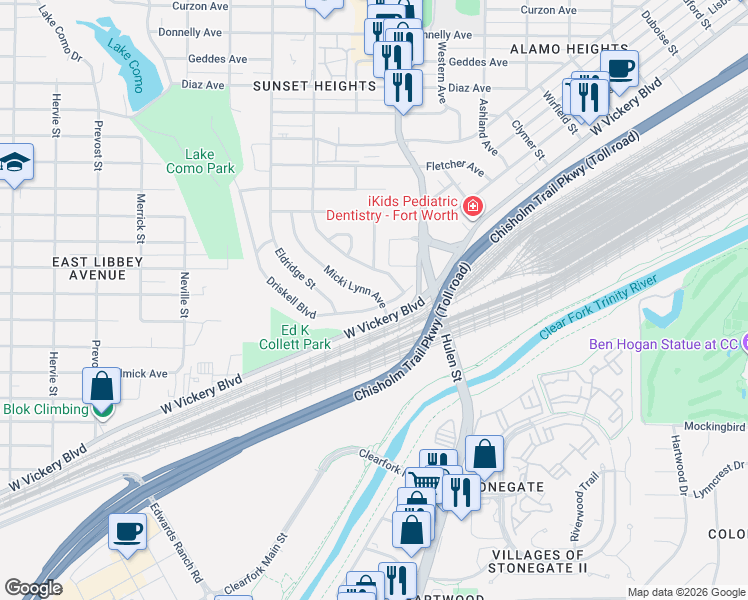 map of restaurants, bars, coffee shops, grocery stores, and more near 4124 Micki Lynn Avenue in Fort Worth